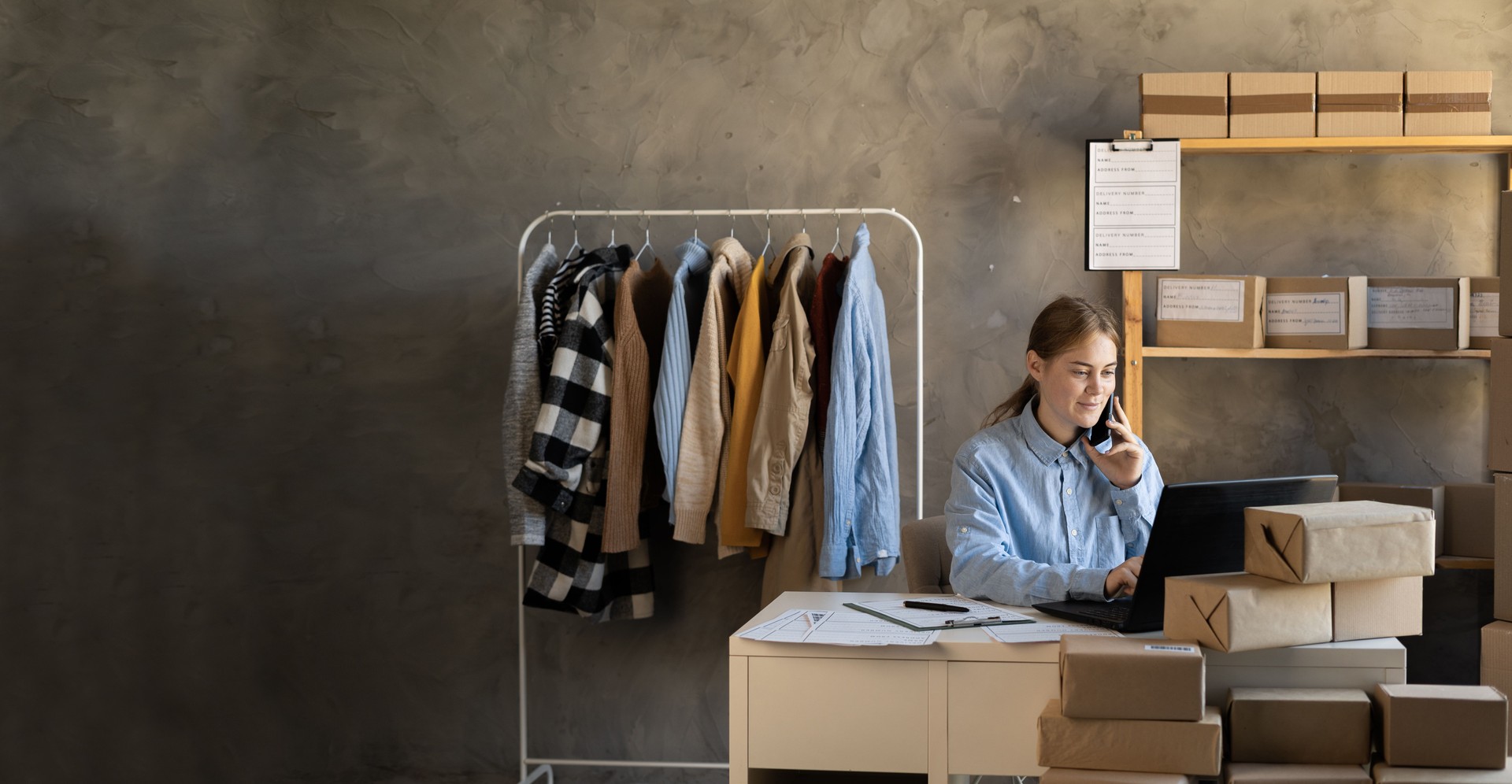 Las mujeres empresarias de las PYME usan computadoras portátiles para verificar las cajas de envío en línea de pedidos de los clientes en la oficina en casa. Inicio Emprendedor de pequeñas empresas PYME freelance. Concepto de negocio online.